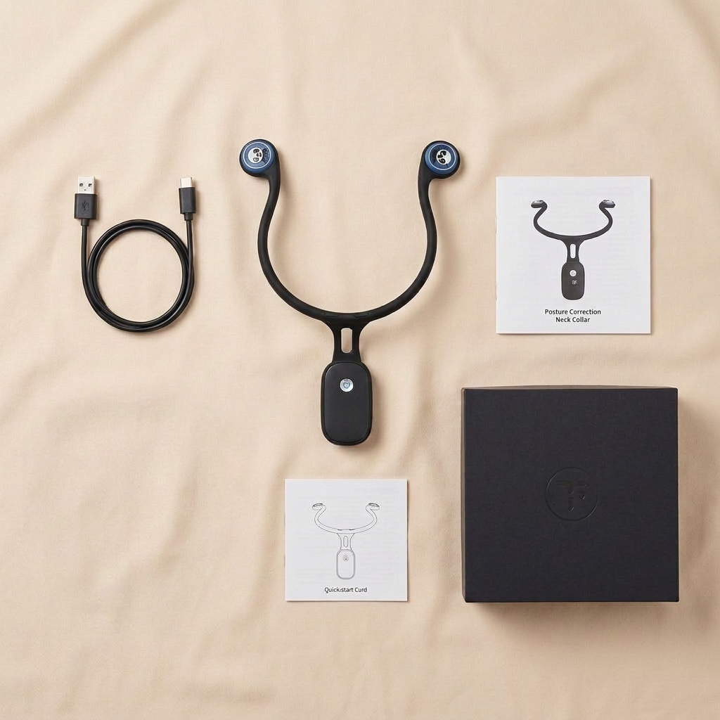 Everything in the box laid out: the purevia device, USB-C charging cable,  and quick-start card.